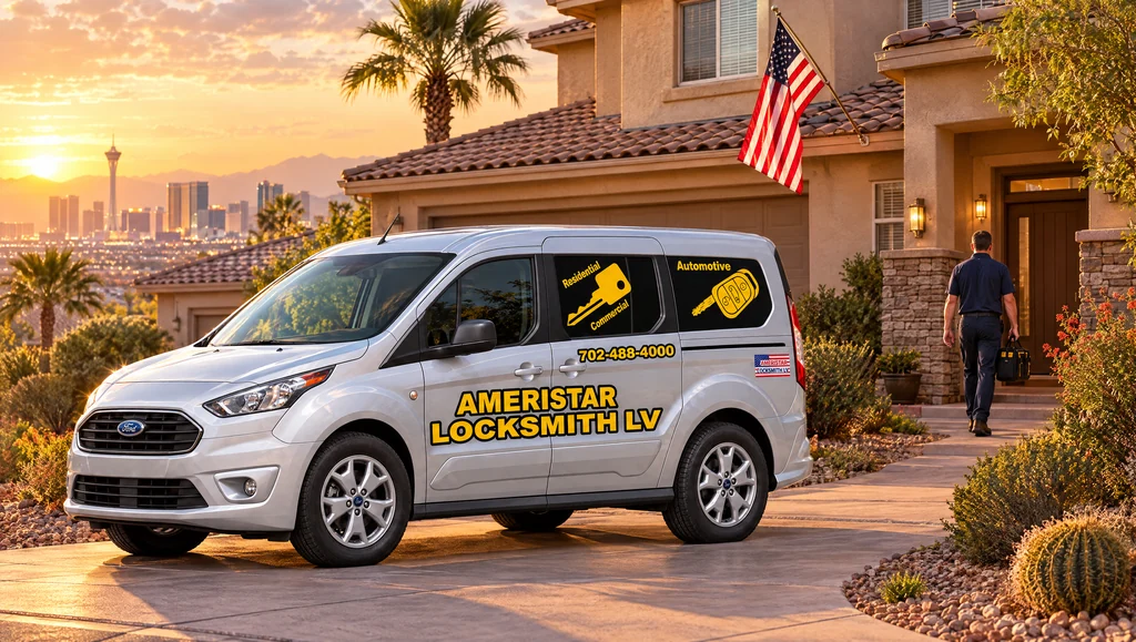 Ameristar van outside a Las Vegas home flying an American flag