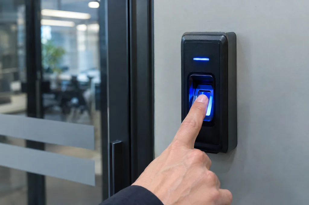 Fingerprint access reader beside a Las Vegas office door Fingerprint access reader beside a Las Vegas office door