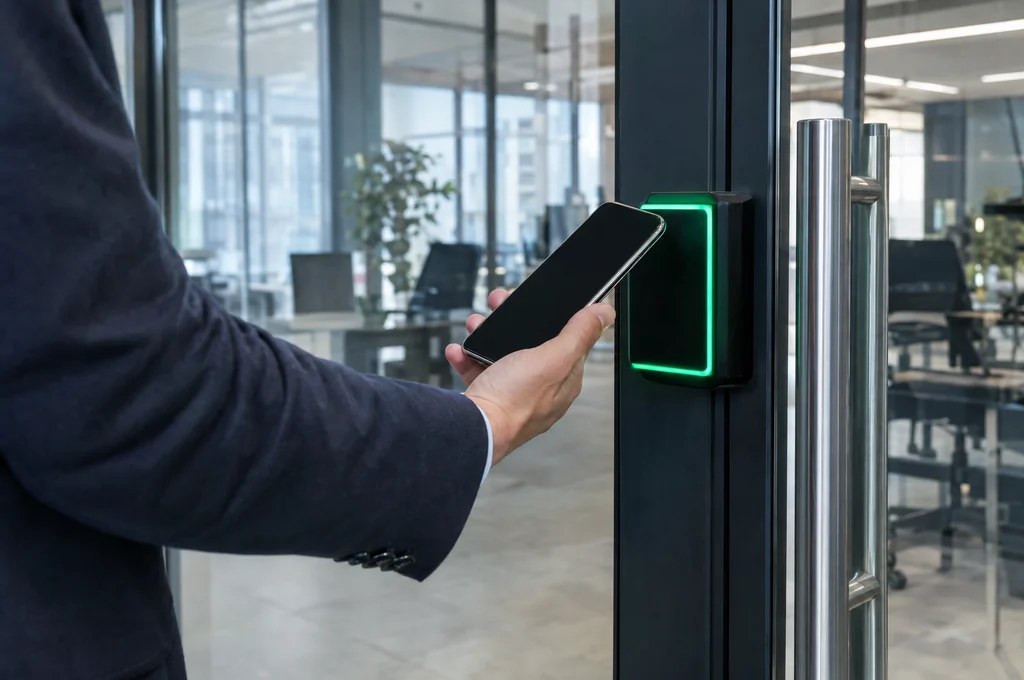 Phone held against a door reader for a mobile access credential in Las Vegas Phone held against a door reader for a mobile access credential in Las Vegas
