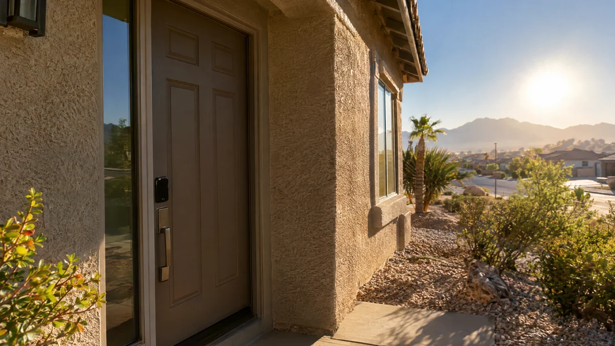 Smart lock on a west-facing Las Vegas front door in strong afternoon desert sun