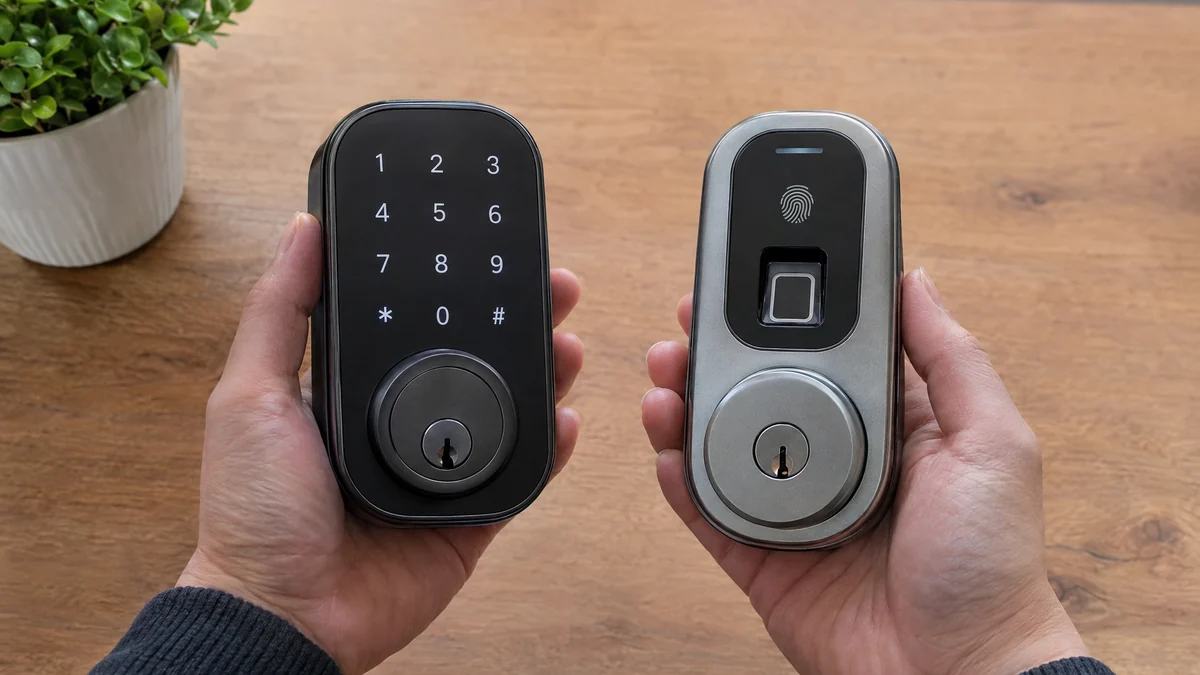 Hands comparing a keypad smart lock and a fingerprint smart lock before choosing one