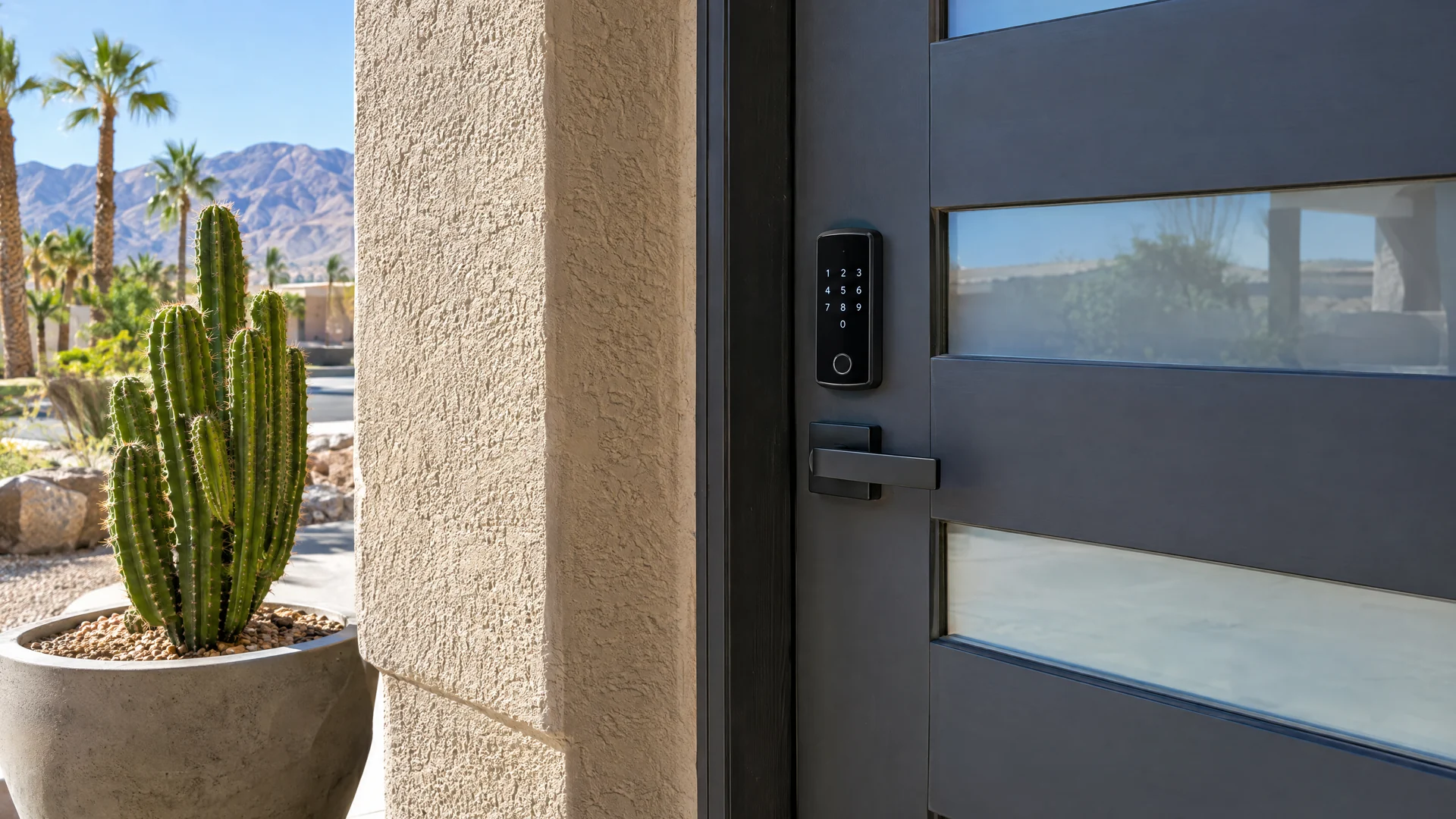 Smart deadbolt on a sunny Las Vegas front door