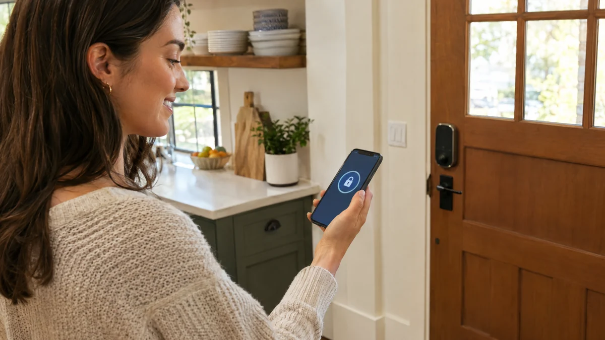 Homeowner unlocking her front door smart lock from a phone app in her kitchen