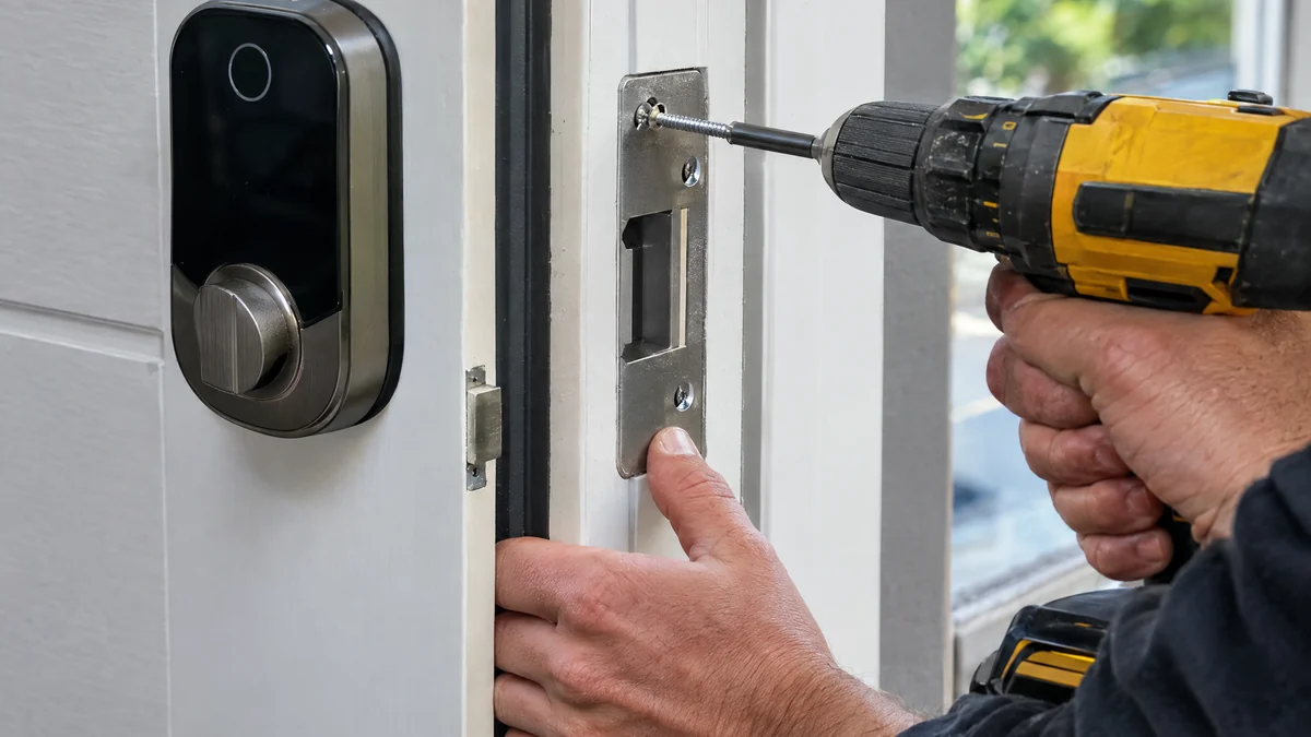 Reinforced strike plate on a door frame beside a newly installed smart deadbolt