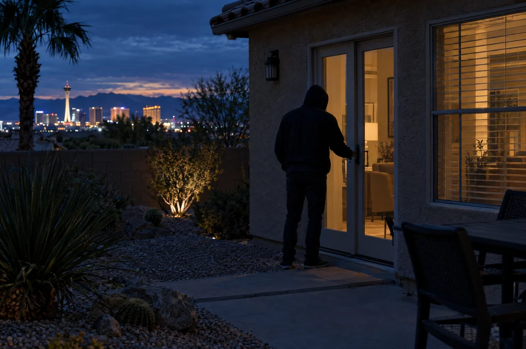 Faceless silhouette at an unlocked back door, an educational entry-method illustration