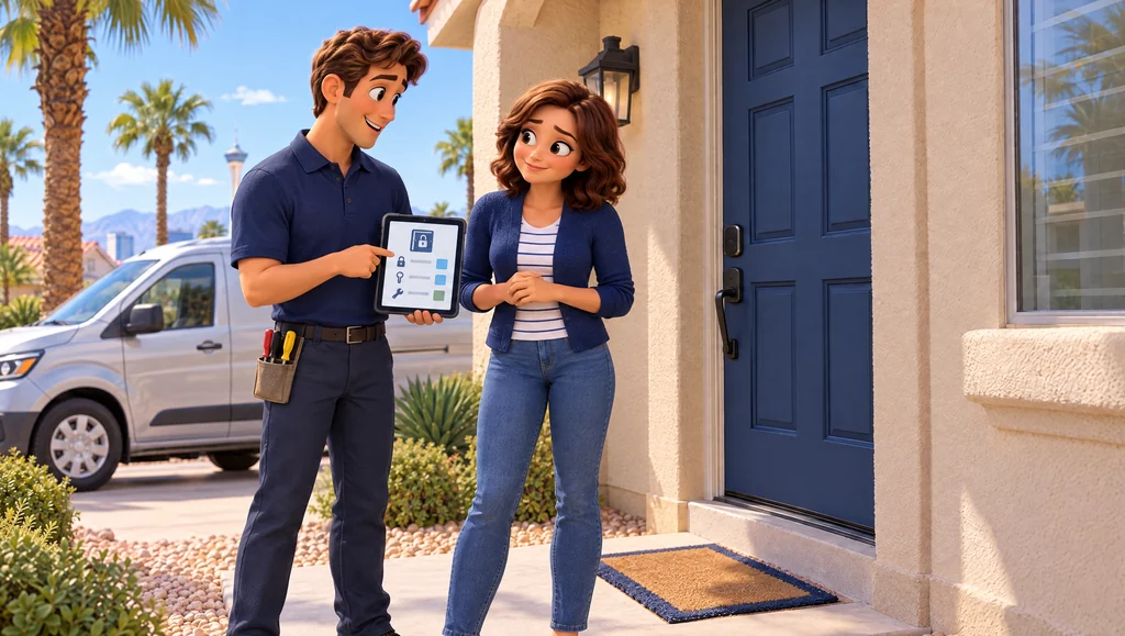 Cartoon of a technician explaining the cost, step 3 of your locksmith visit