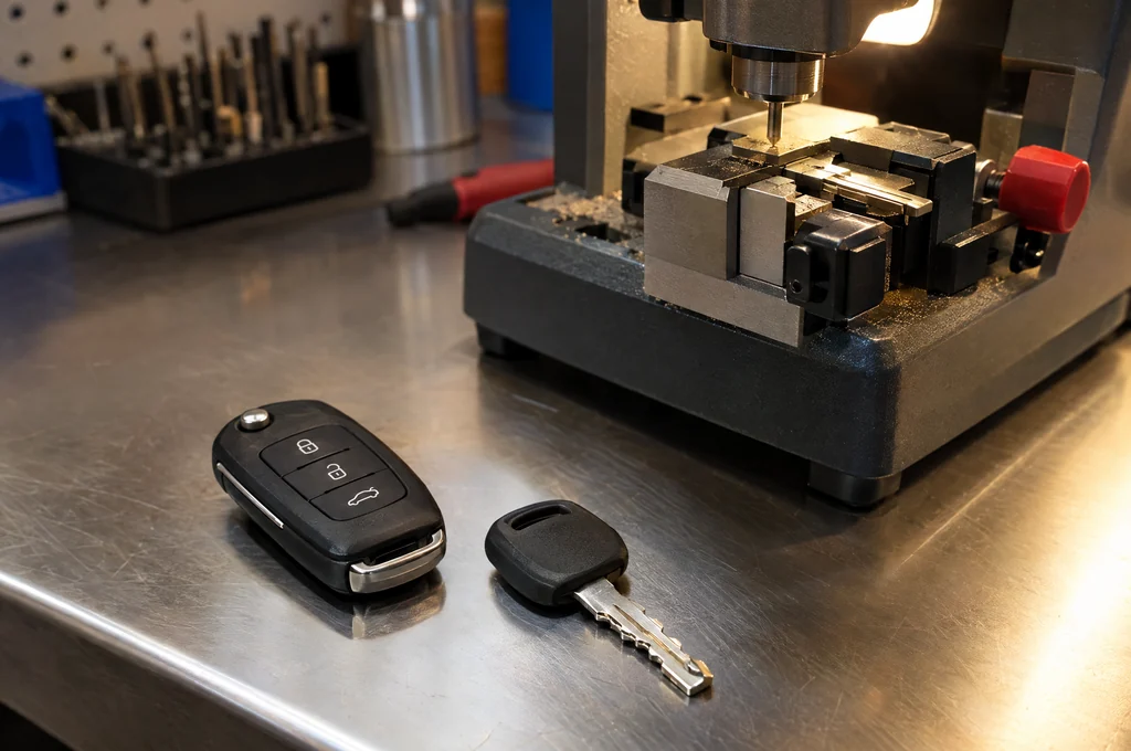 Car key fob and key beside a cutting machine, for car key questions in Las Vegas
