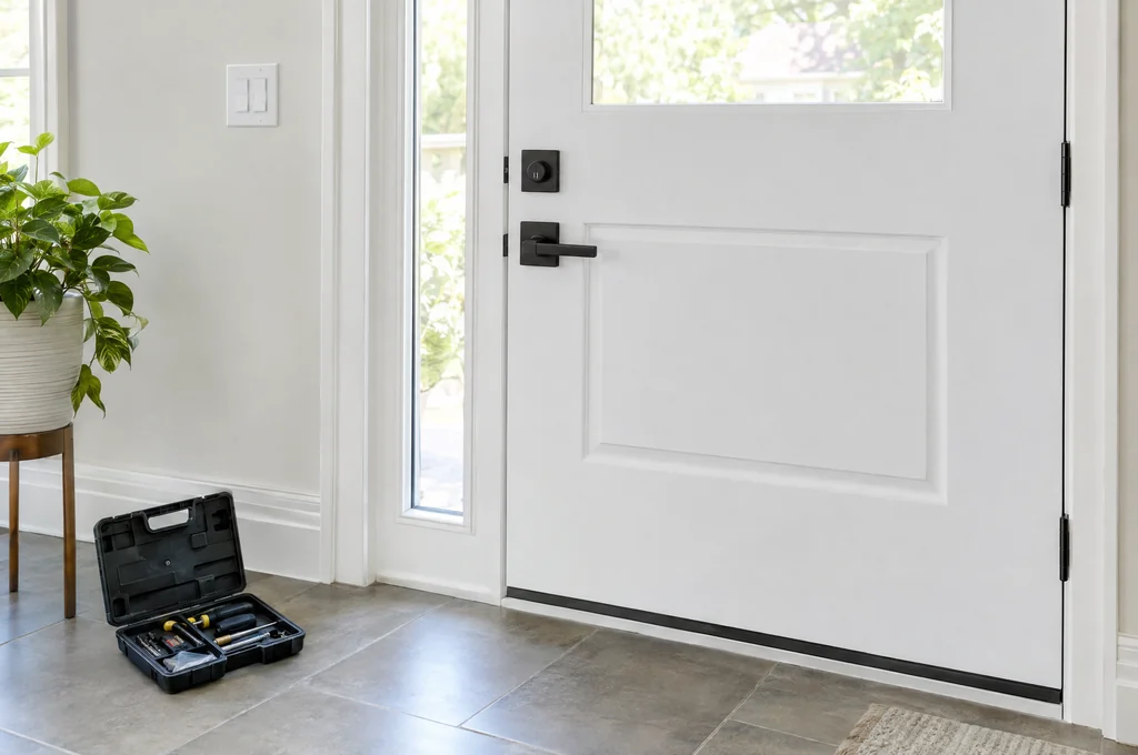 Deadbolt and handle in a white front door, with a tool case nearby, for Las Vegas lock installation