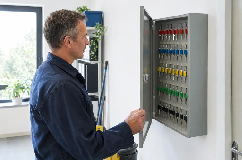 Technician at a cabinet of color-coded keys, for master key questions in Las Vegas