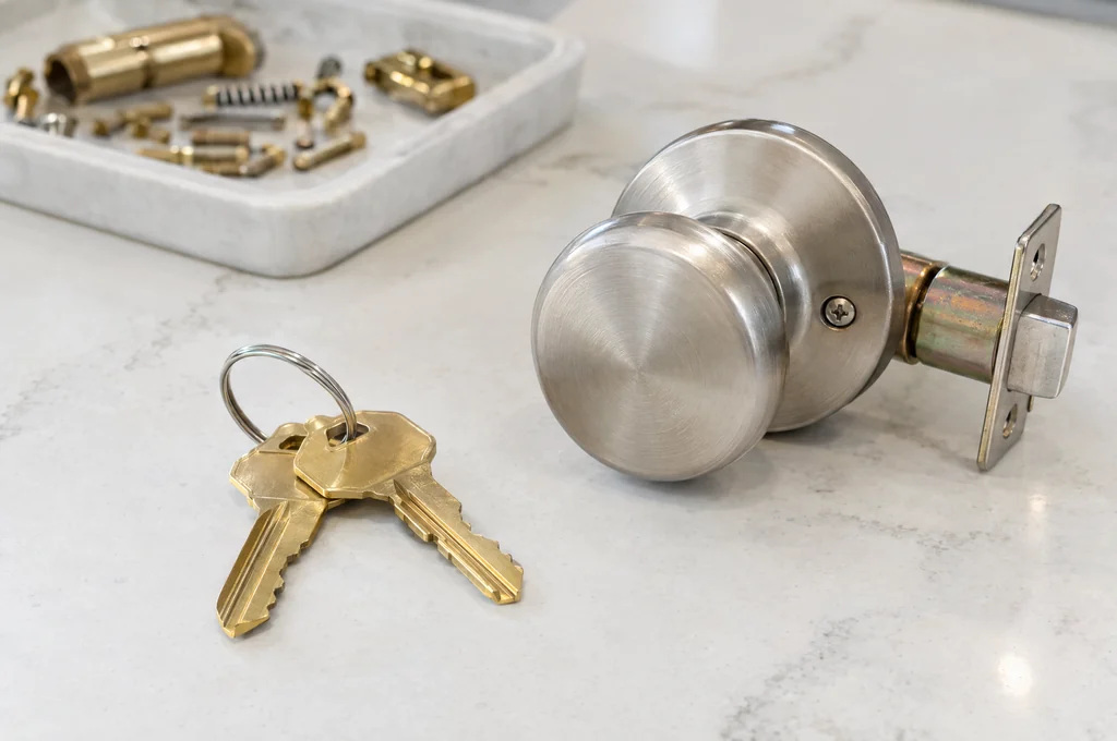 Door knob, keys and cylinder parts on a workbench, for rekey questions in Las Vegas