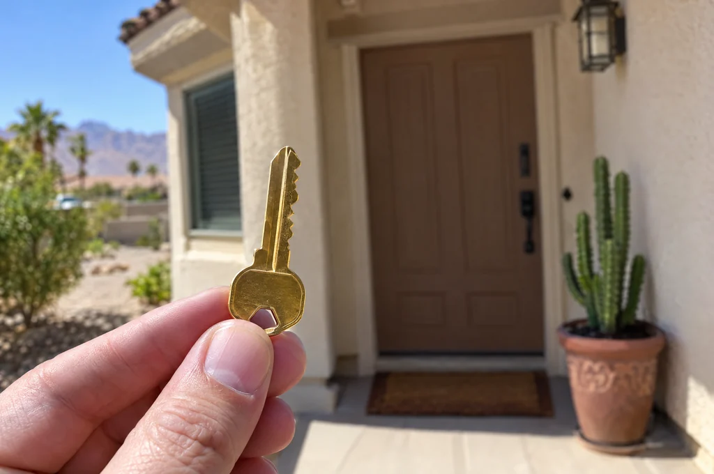 House key held beside a front door, residential locksmith questions in Las Vegas