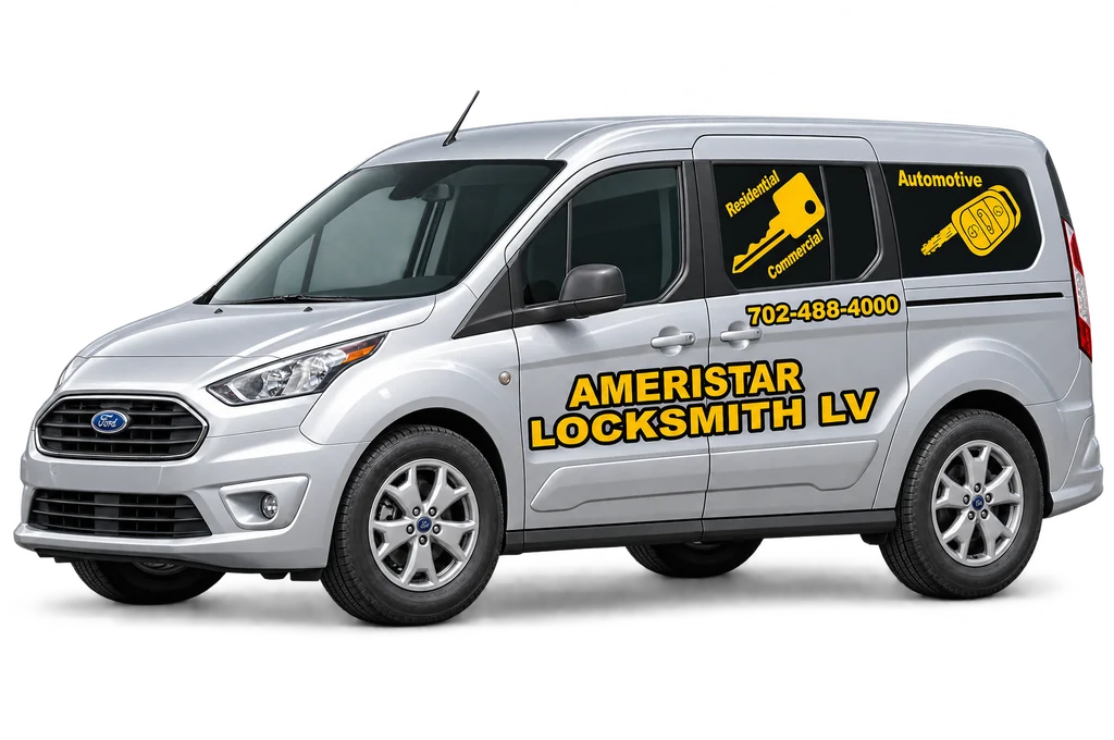 Three-dimensional Ameristar locksmith van with its yellow service lettering, facing left Three-dimensional Ameristar locksmith van with its yellow service lettering, facing left