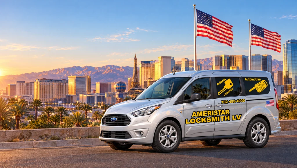 Ameristar locksmith van in front of the Las Vegas skyline and American flags Ameristar locksmith van in front of the Las Vegas skyline and American flags