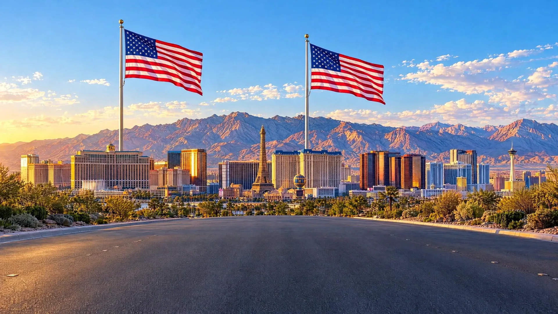 Two American flags flying over the Las Vegas valley Two American flags flying over the Las Vegas valley