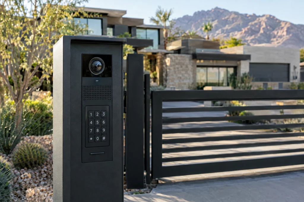 Keypad beside an estate gate for luxury home security in Las Vegas