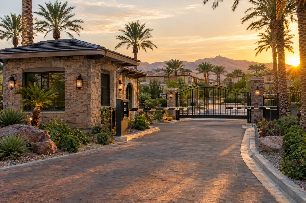 Gatehouse and landscaped entrance to a luxury Las Vegas residence