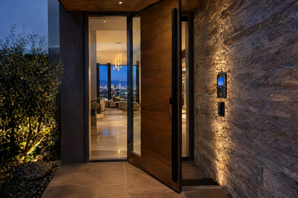 Tall pivot entry door with an intercom at a luxury Las Vegas home