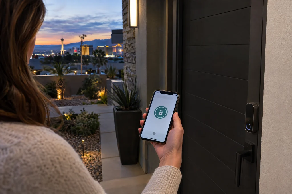 Phone beside a smart lock on a home door in Las Vegas