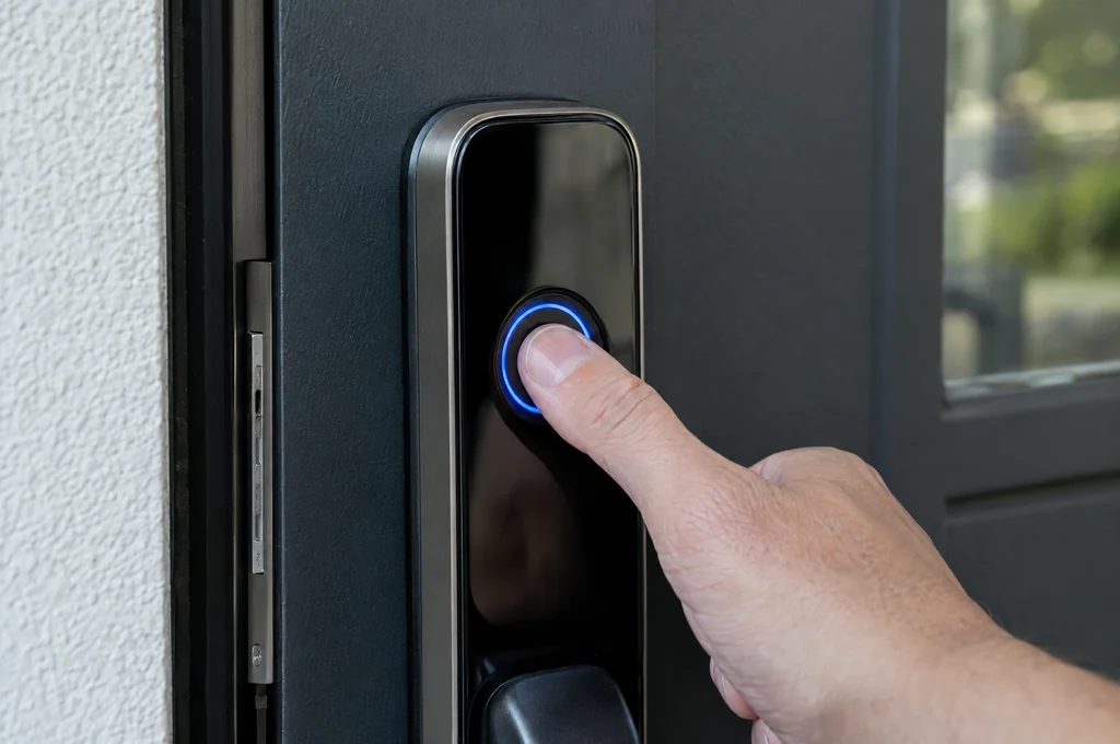 Finger on a smart lock fingerprint reader at a Las Vegas home