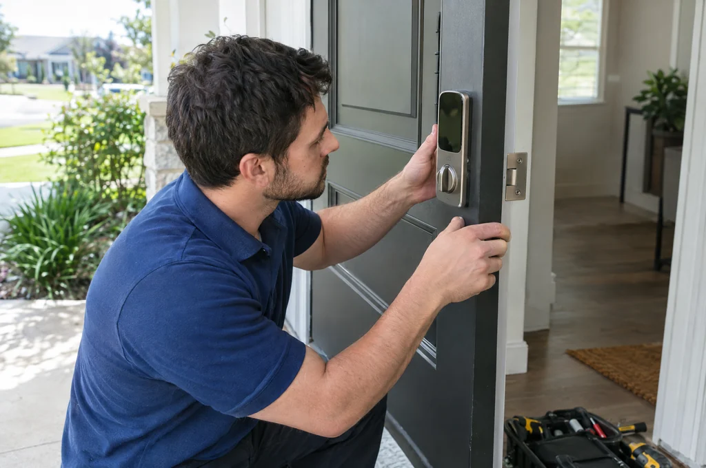 Technician fitting a smart lock to a Las Vegas home door