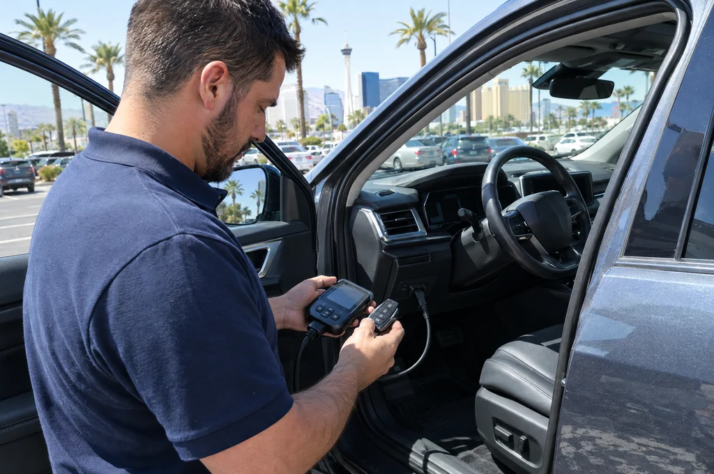 Technician programming a key beside an open SUV door, with Las Vegas in the background