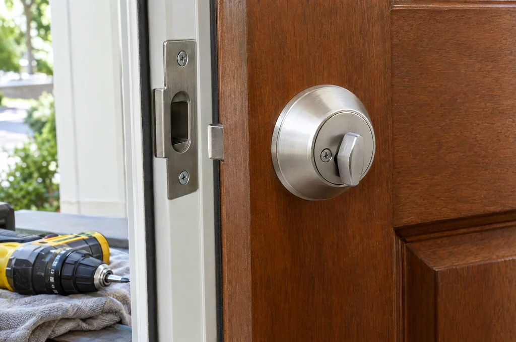 Deadbolt installation in a wood front door in Las Vegas