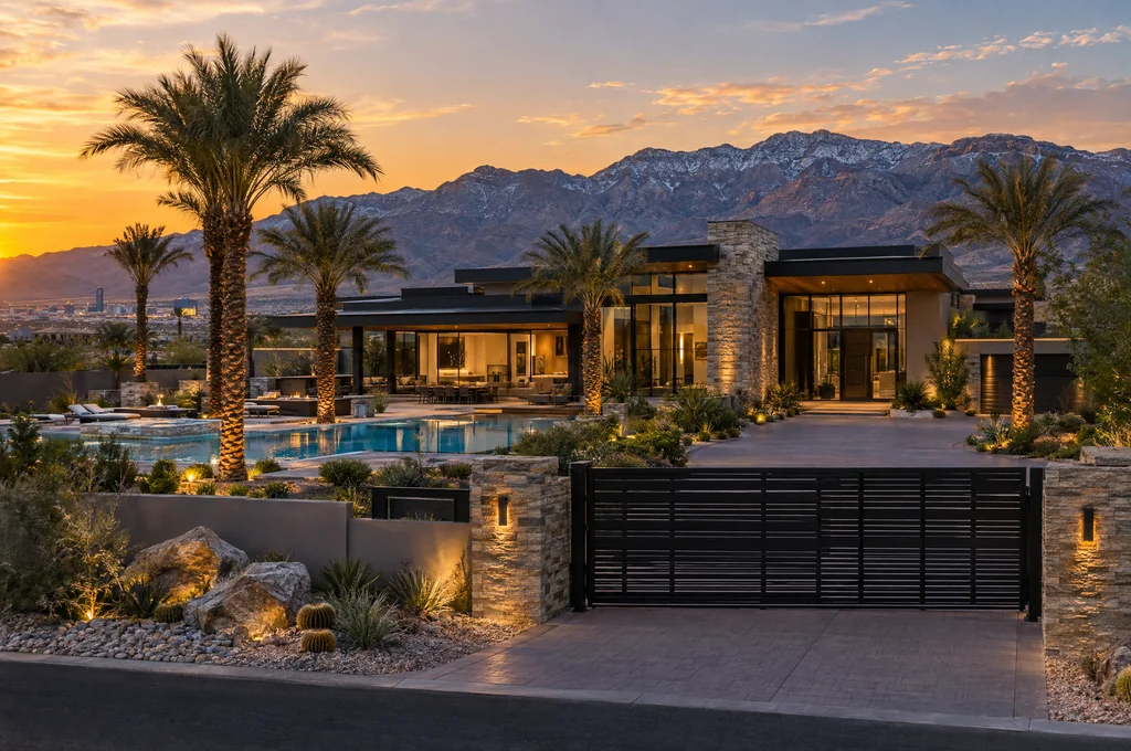 Modern luxury Las Vegas home with a gated entrance