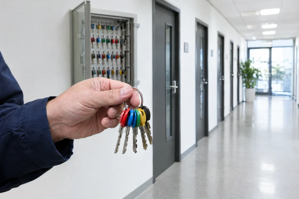 Hand holding a ring of color-coded keys in a corridor, for Las Vegas master key service