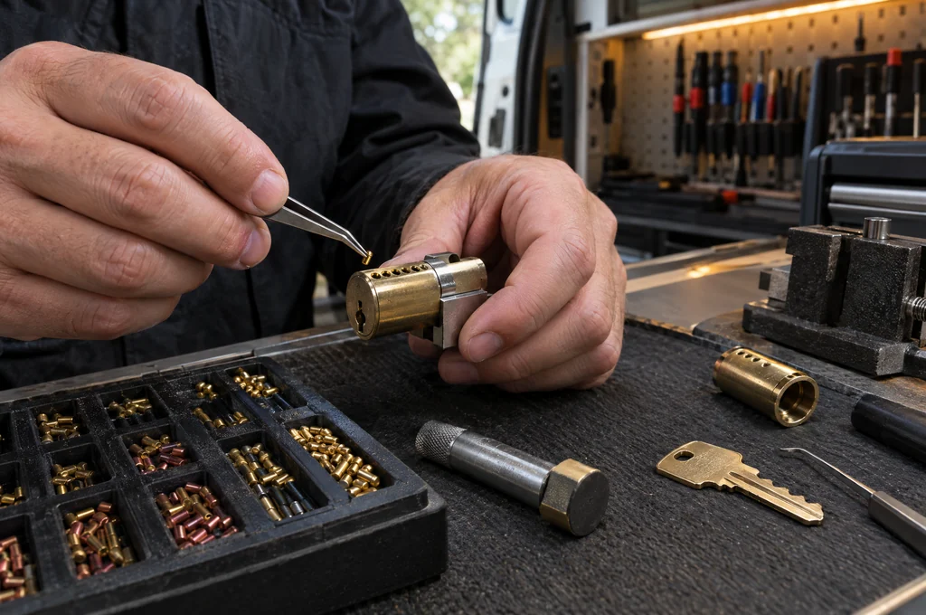 Lock cylinder and keys on a workbench for rekey service in Las Vegas